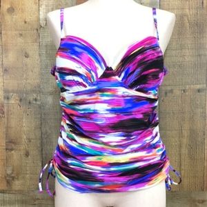 Assets by Spanx Purple Blue Tie Dye Tankini Top swimsuit padded with underwire.